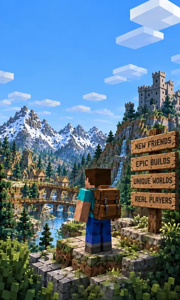 Block-built explorer overlooking a mountain valley. Wooden signs read: New friends, Epic builds, Unique worlds, Real players.