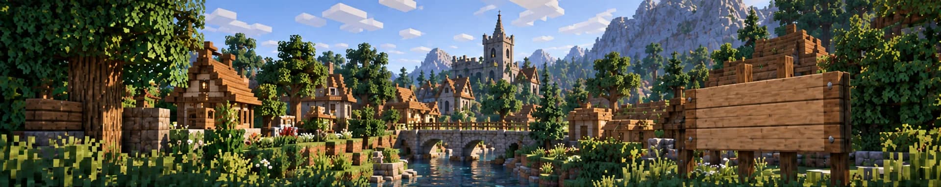 Minecraft-style village, river and stone castle. MineRoster illustration, not server media.