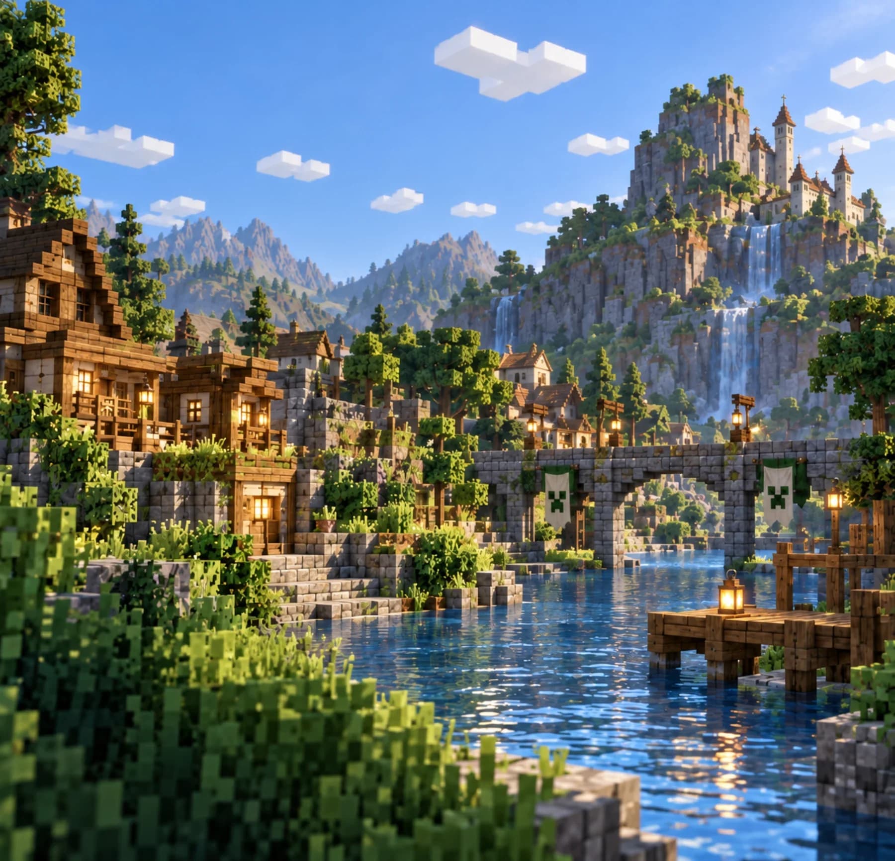 MineRoster illustration of a Minecraft river village, stone bridge and mountain castle