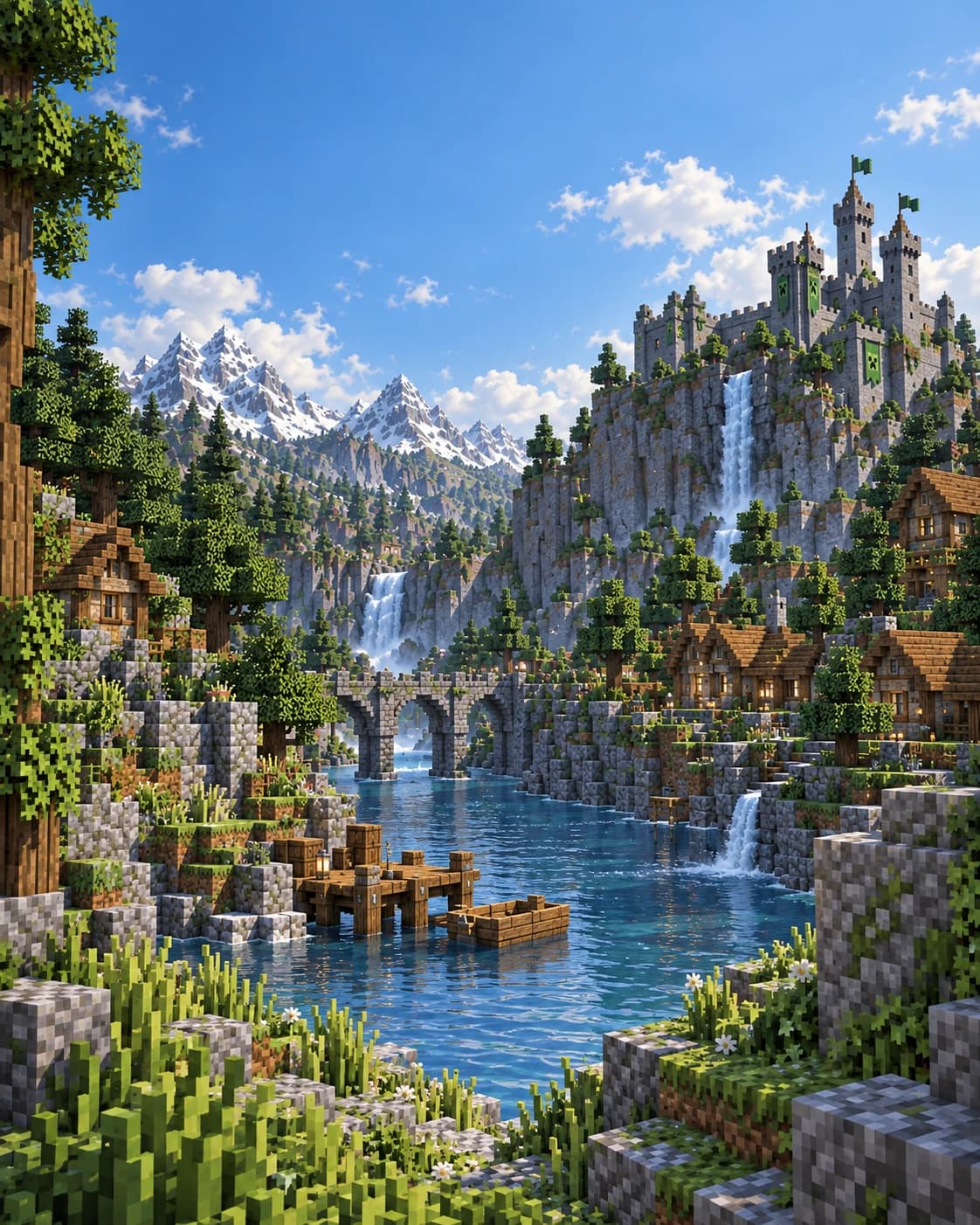 Minecraft mountain village with a river, stone bridge and cliffside castle