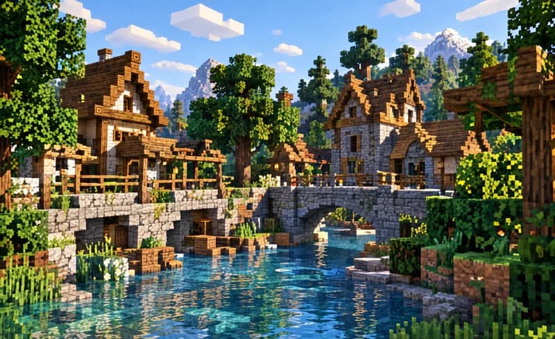 Minecraft-style village illustration