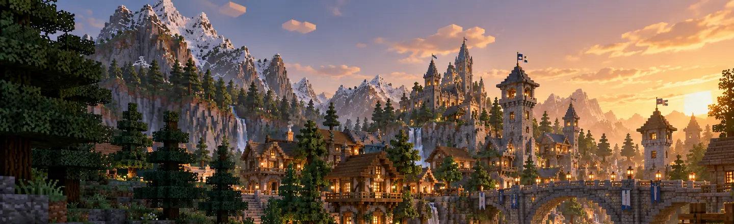 Minecraft-style village, river and stone castle. MineRoster illustration, not server media.